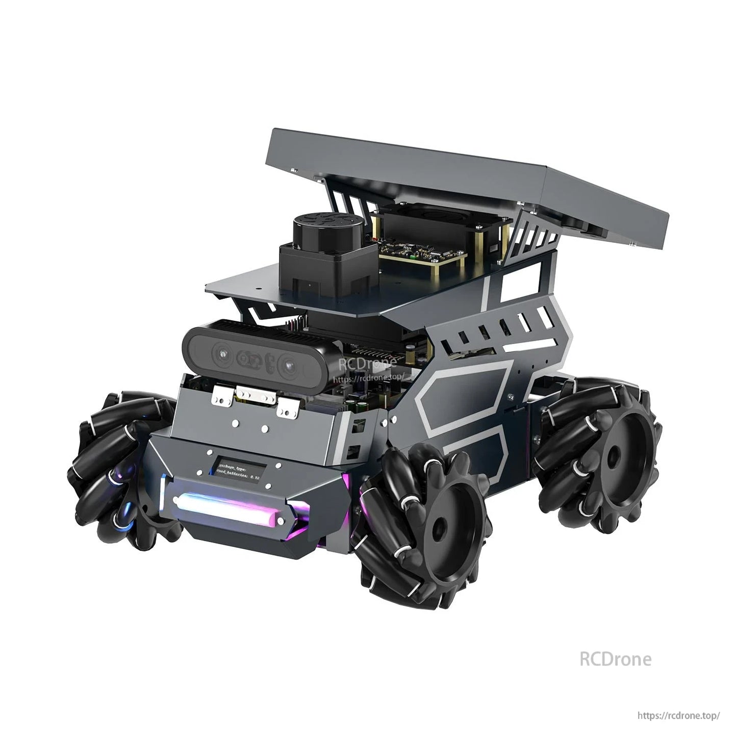 Close front view of robot chassis showing Mecanum wheel design, front camera bar, and RGB light strip
