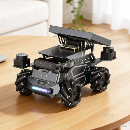 ROSMASTER M3 robot on indoor table with two side-mounted sensor modules and illuminated front light bar