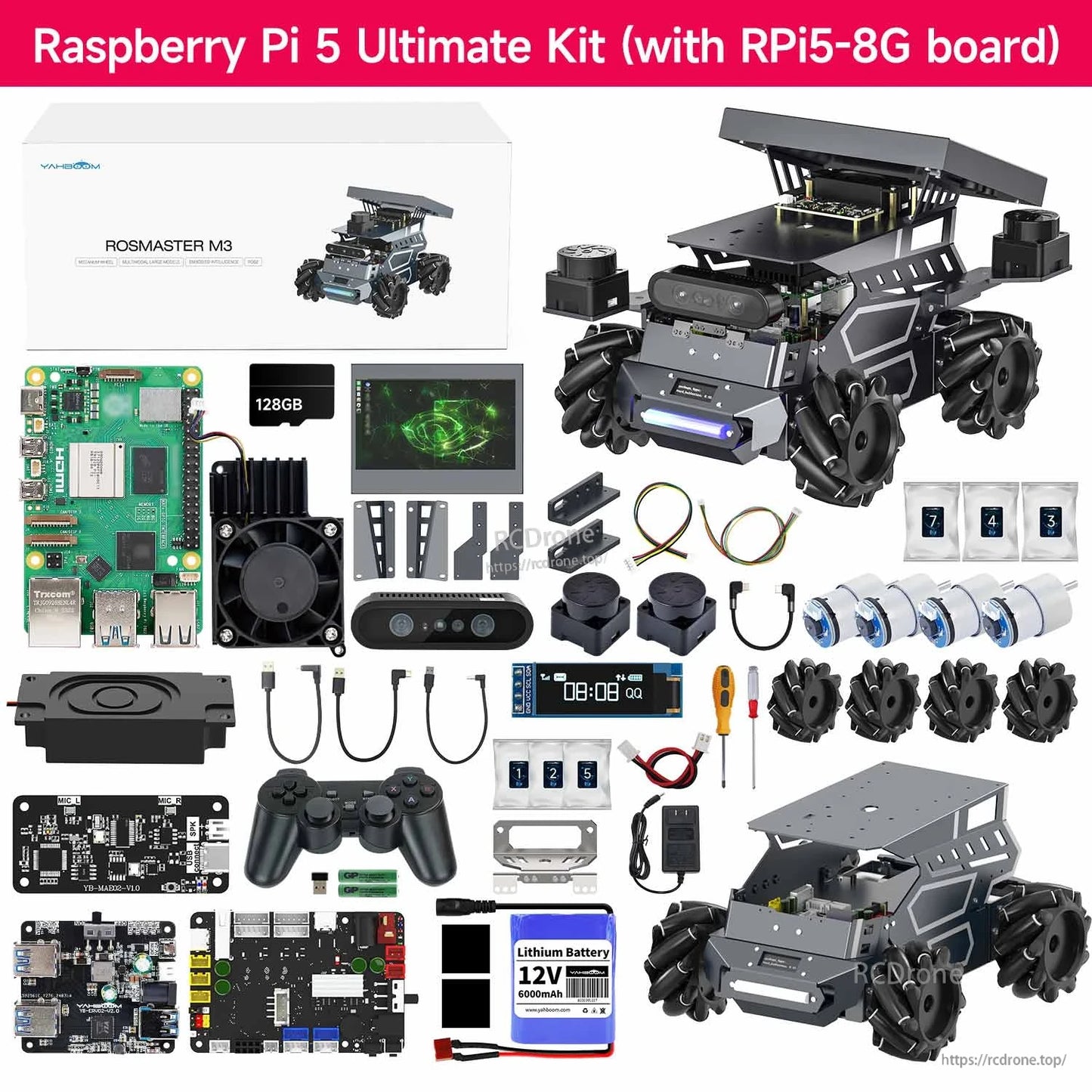 Yahboom ROSMASTER M3 ROS2 AI Large Model Robot, Yahboom ROSMASTER M3 robot kit with Raspberry Pi 5 8GB board, chassis, controller, 128GB ca.