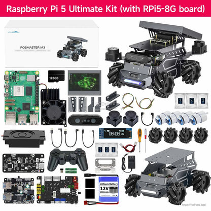 Yahboom ROSMASTER M3 ROS2 AI Large Model Robot, Yahboom ROSMASTER M3 robot kit with Raspberry Pi 5 8GB board, chassis, controller, 128GB ca.