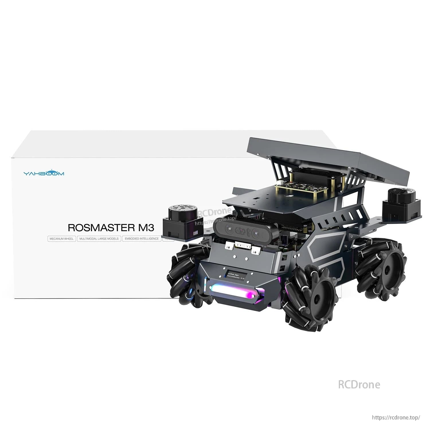 Yahboom ROSMASTER M3 robot with retail box packaging shown side by side on white background