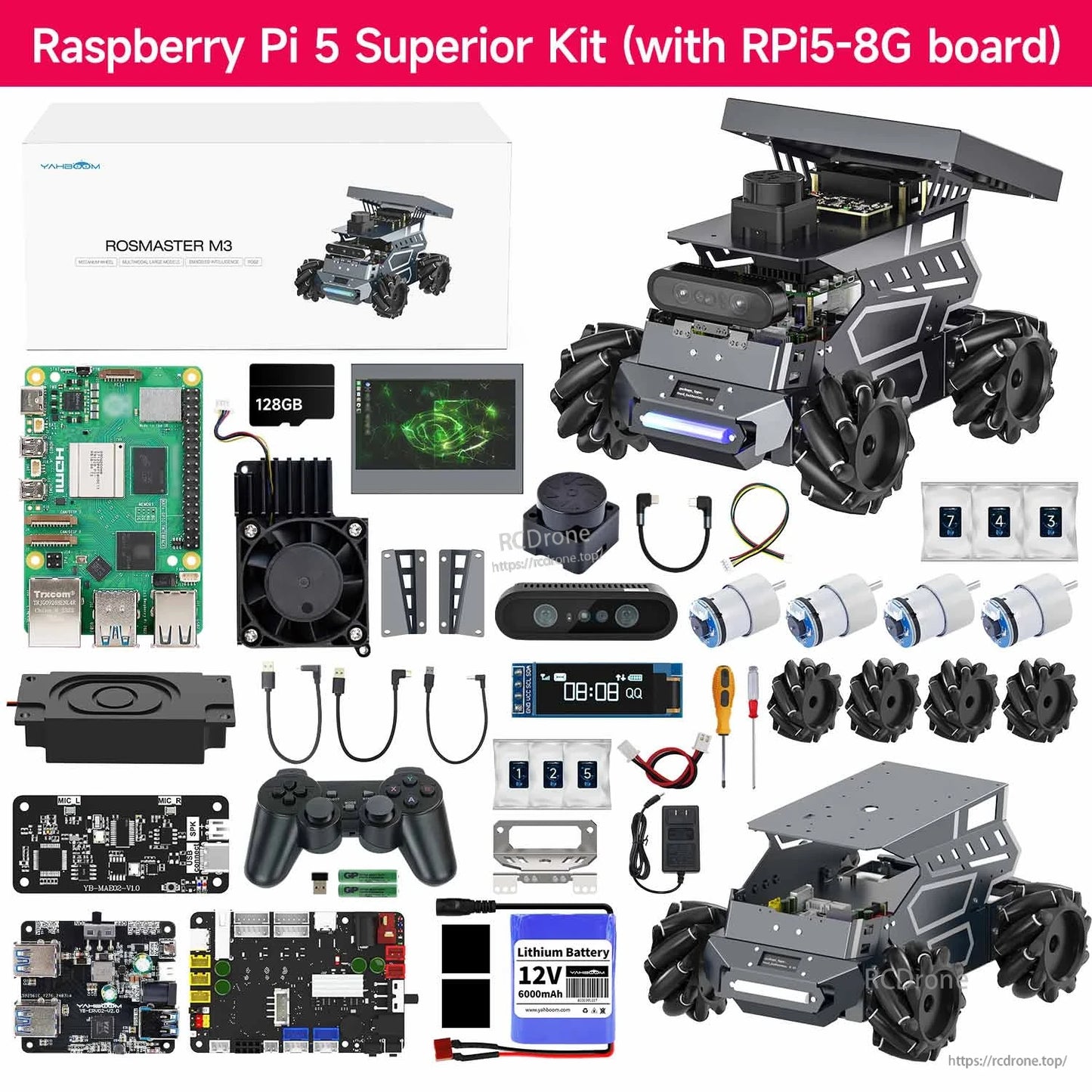 Yahboom ROSMASTER M3 ROS2 AI Large Model Robot, Yahboom ROSMASTER M3 Raspberry Pi 5 (8GB) robot kit with chassis, sensors, camera module, b.