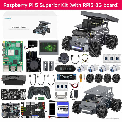 Yahboom ROSMASTER M3 ROS2 AI Large Model Robot, Yahboom ROSMASTER M3 Raspberry Pi 5 (8GB) robot kit with chassis, sensors, camera module, b.