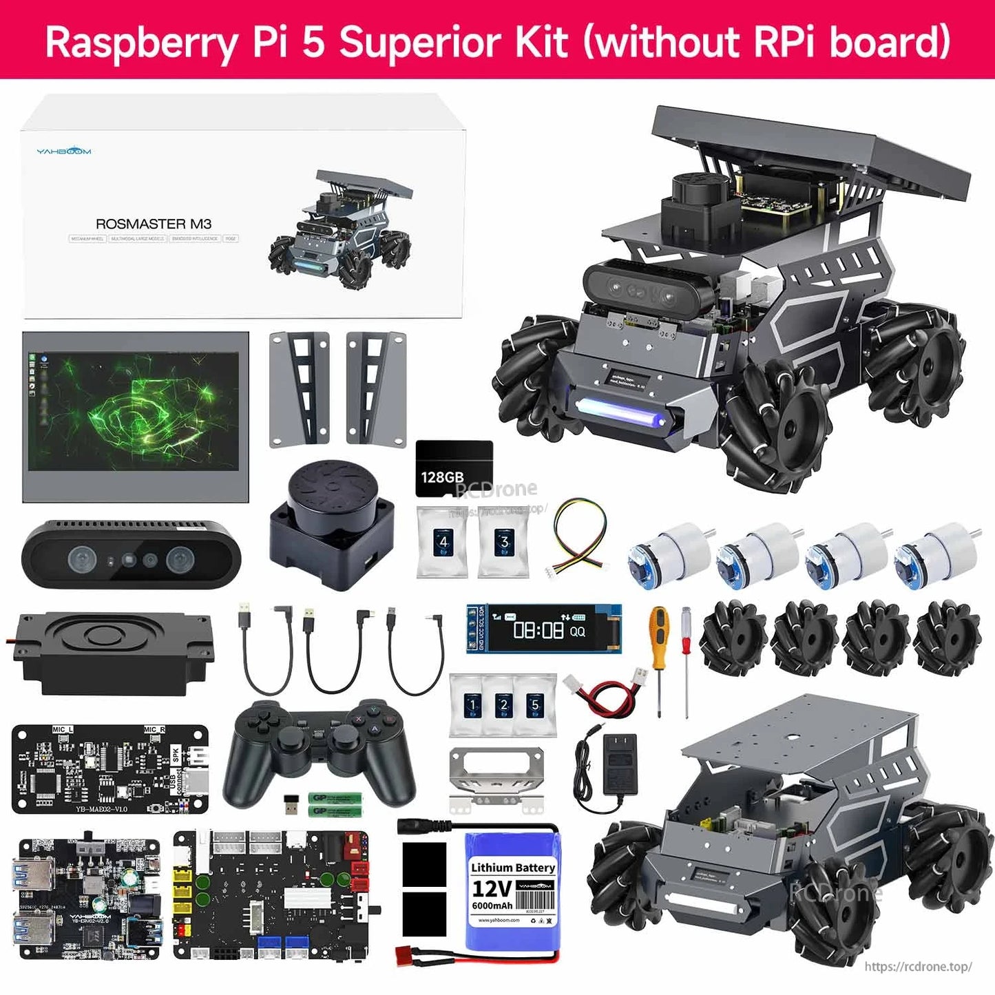 Yahboom ROSMASTER M3 ROS2 AI Large Model Robot, Yahboom ROSMASTER M3 Raspberry Pi 5 robot kit contents with mecanum chassis, camera, displa.