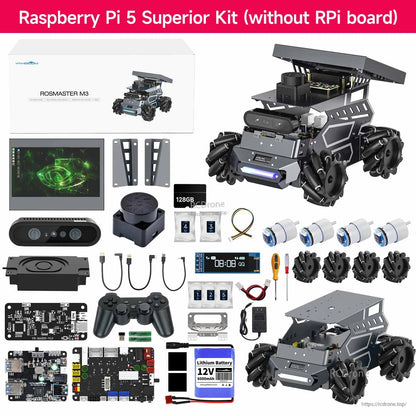 Yahboom ROSMASTER M3 ROS2 AI Large Model Robot, Yahboom ROSMASTER M3 Raspberry Pi 5 robot kit contents with mecanum chassis, camera, displa.