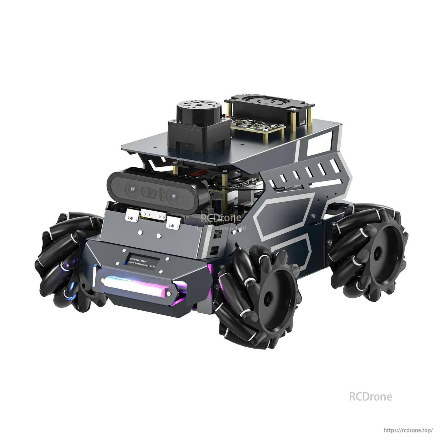 Yahboom ROSMASTER M3 ROS2 AI robot front-left view showing depth camera module, LiDAR, and Mecanum wheels
