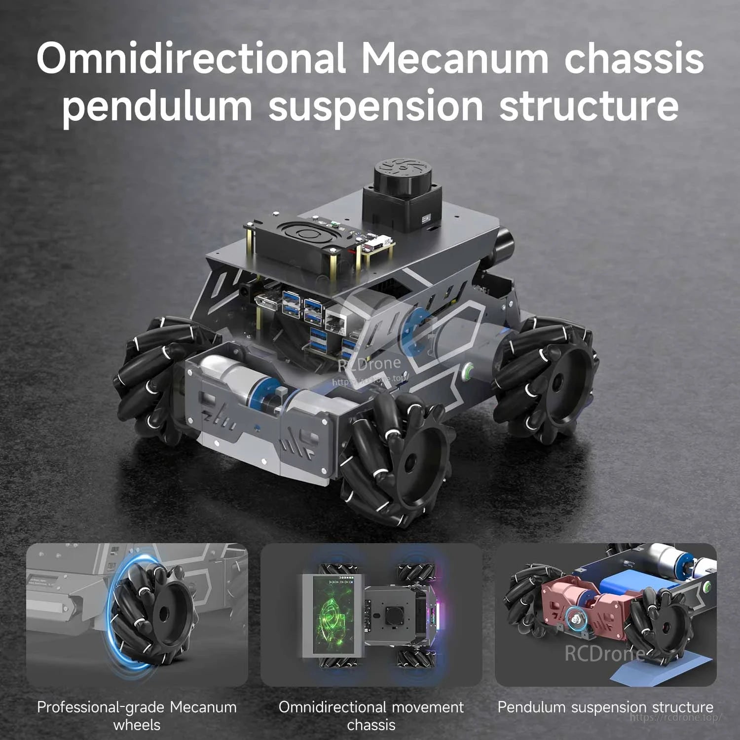 Omnidirectional Mecanum chassis with pendulum suspension structure, shown with wheel and suspension callouts