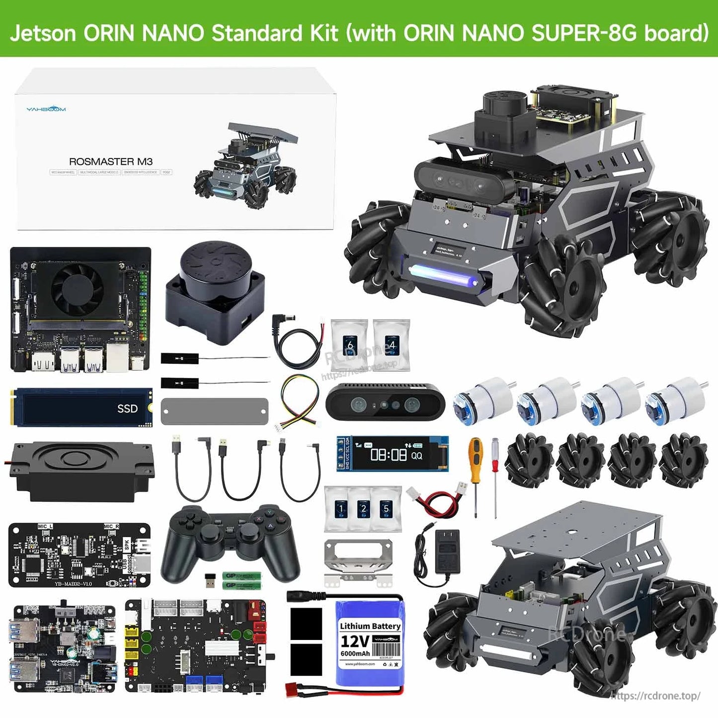 Jetson Orin Nano standard kit contents layout with ROSMASTER M3 robot, camera, wheels, boards, battery, cables