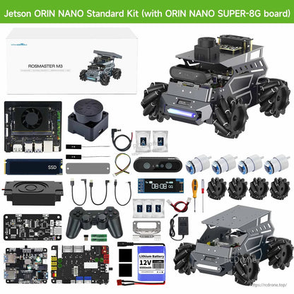 Jetson Orin Nano standard kit contents layout with ROSMASTER M3 robot, camera, wheels, boards, battery, cables