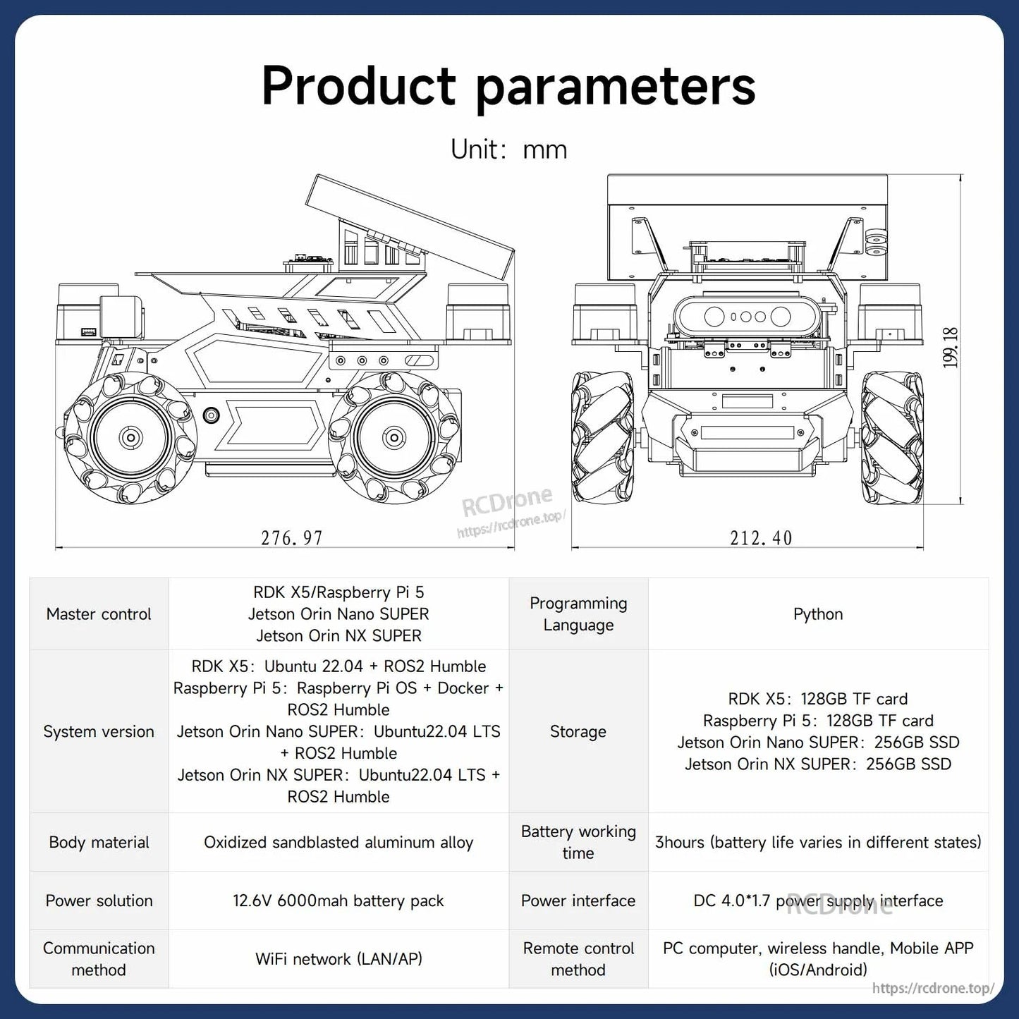 Product parameters diagram with dimensions and spec table for ROSMASTER M3 robot chassis
