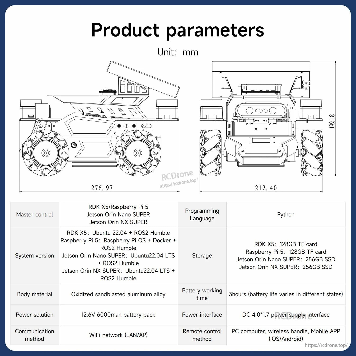 Product parameters diagram with dimensions and spec table for ROSMASTER M3 robot chassis