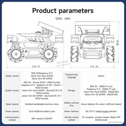 Product parameters diagram with dimensions and spec table for ROSMASTER M3 robot chassis