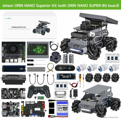 Jetson Orin Nano SUPER-8G superior kit contents layout with ROSMASTER M3 robot, display, sensors, wheels, battery