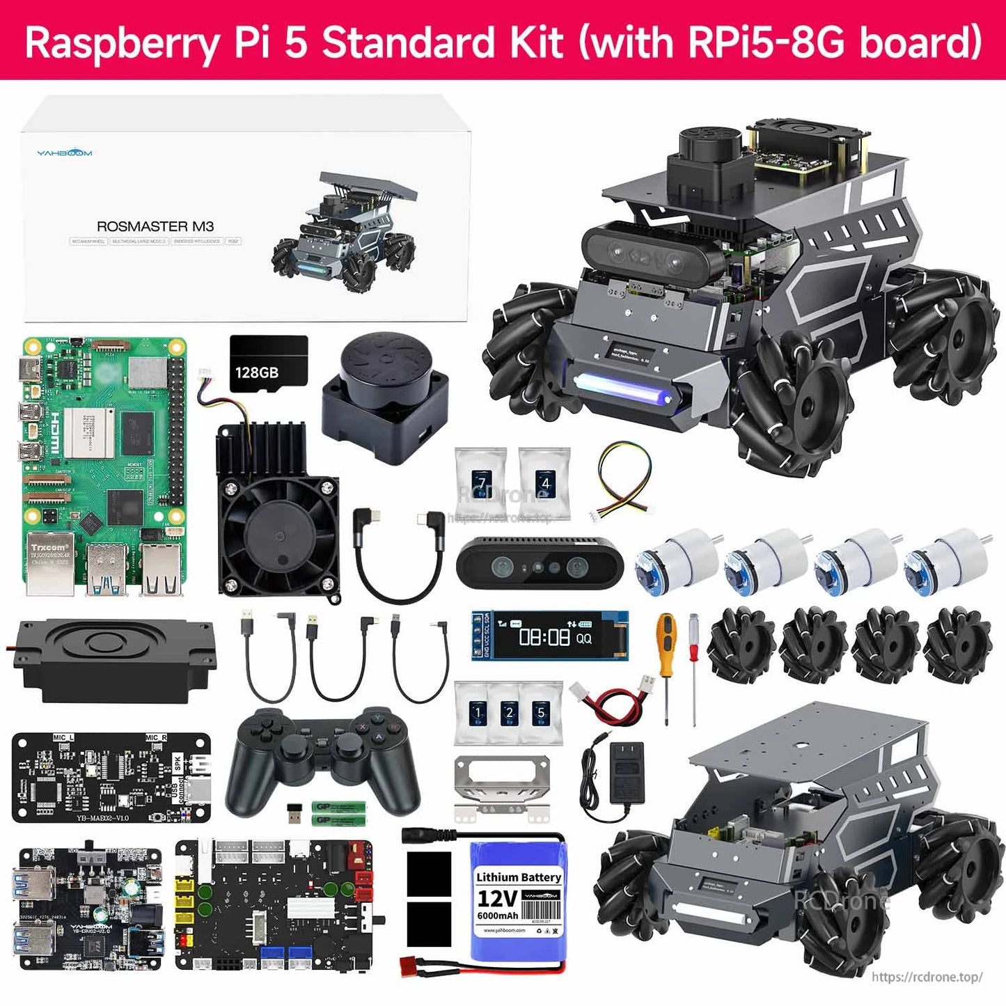 Yahboom ROSMASTER M3 ROS2 AI Large Model Robot, Yahboom ROSMASTER M3 robot kit with Raspberry Pi 5 board, camera module, battery, sensors.