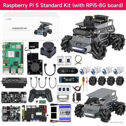 Yahboom ROSMASTER M3 ROS2 AI Large Model Robot, Yahboom ROSMASTER M3 robot kit with Raspberry Pi 5 board, camera module, battery, sensors.