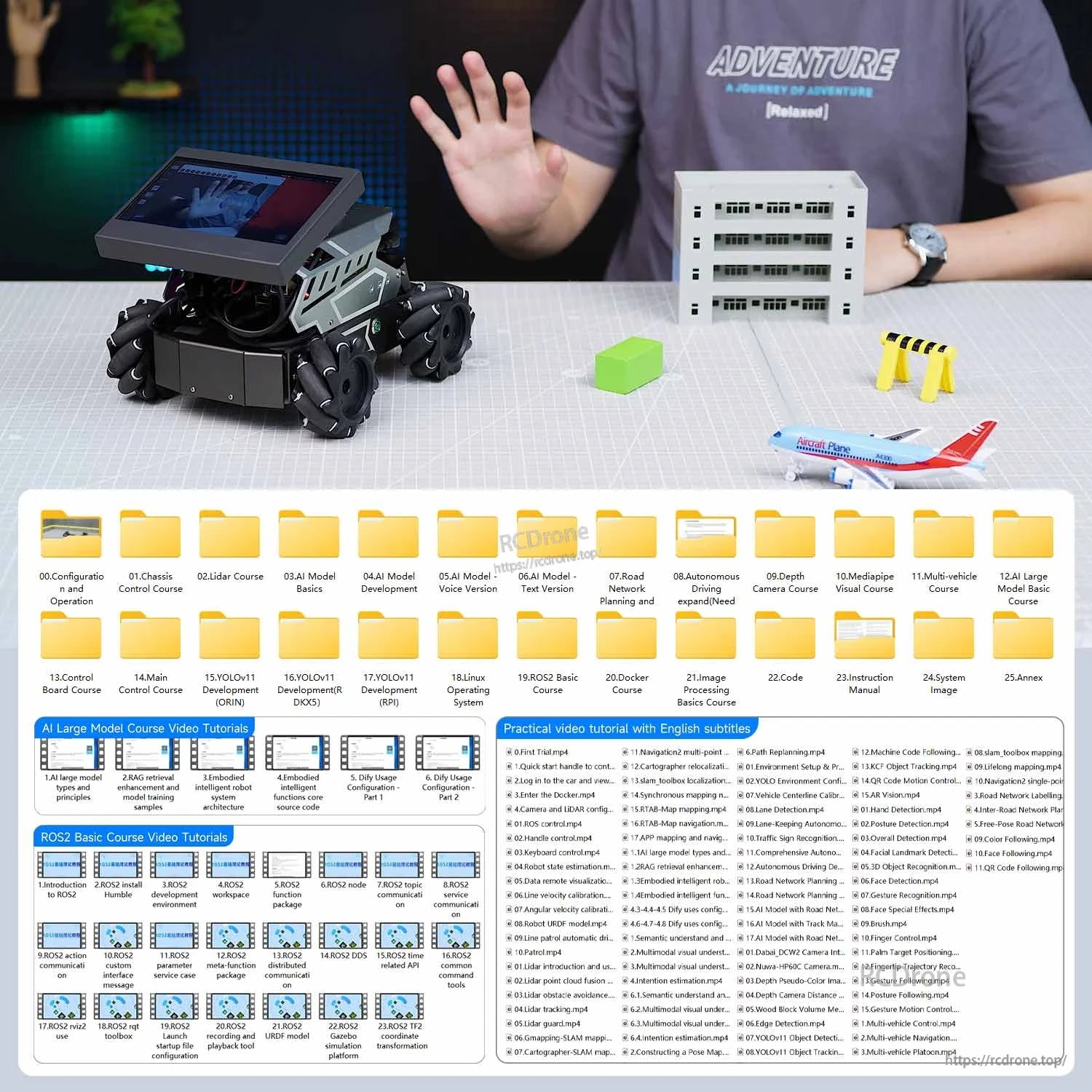 Tutorial resources screen showing course folders and English subtitle guide alongside the robot on a table
