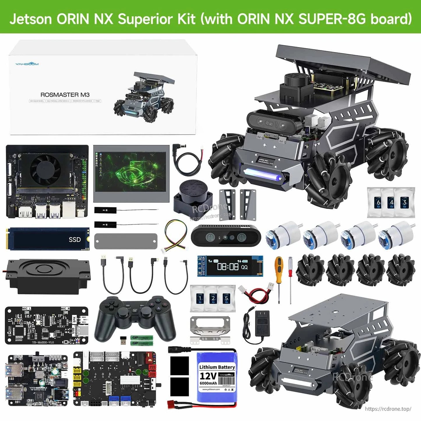Yahboom ROSMASTER M3 ROS2 AI Large Model Robot, Yahboom ROSMASTER M3 Jetson Orin NX robot kit with chassis, controller boards, battery, cab.