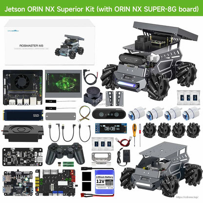 Yahboom ROSMASTER M3 ROS2 AI Large Model Robot, Yahboom ROSMASTER M3 Jetson Orin NX robot kit with chassis, controller boards, battery, cab.