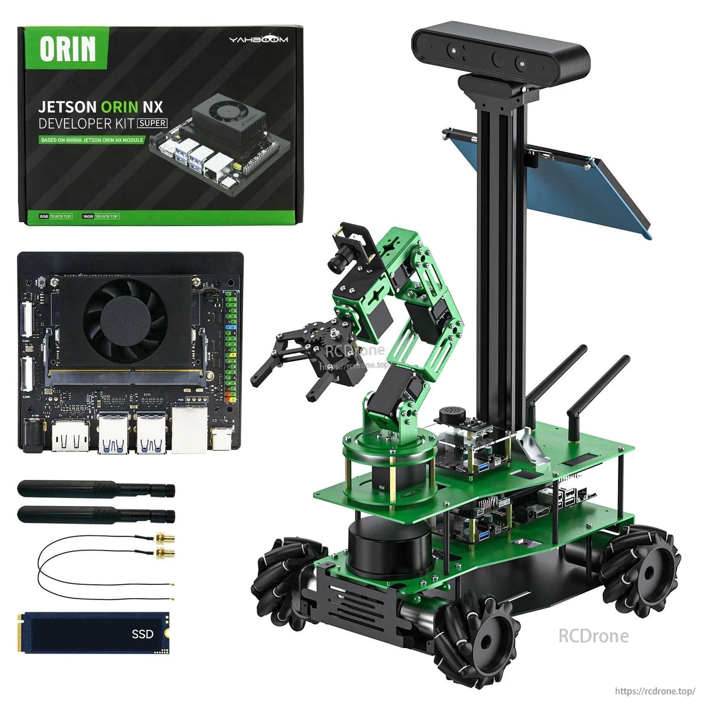Robot kit with Jetson Orin NX developer kit packaging, board, antennas and SSD module pictured beside robot