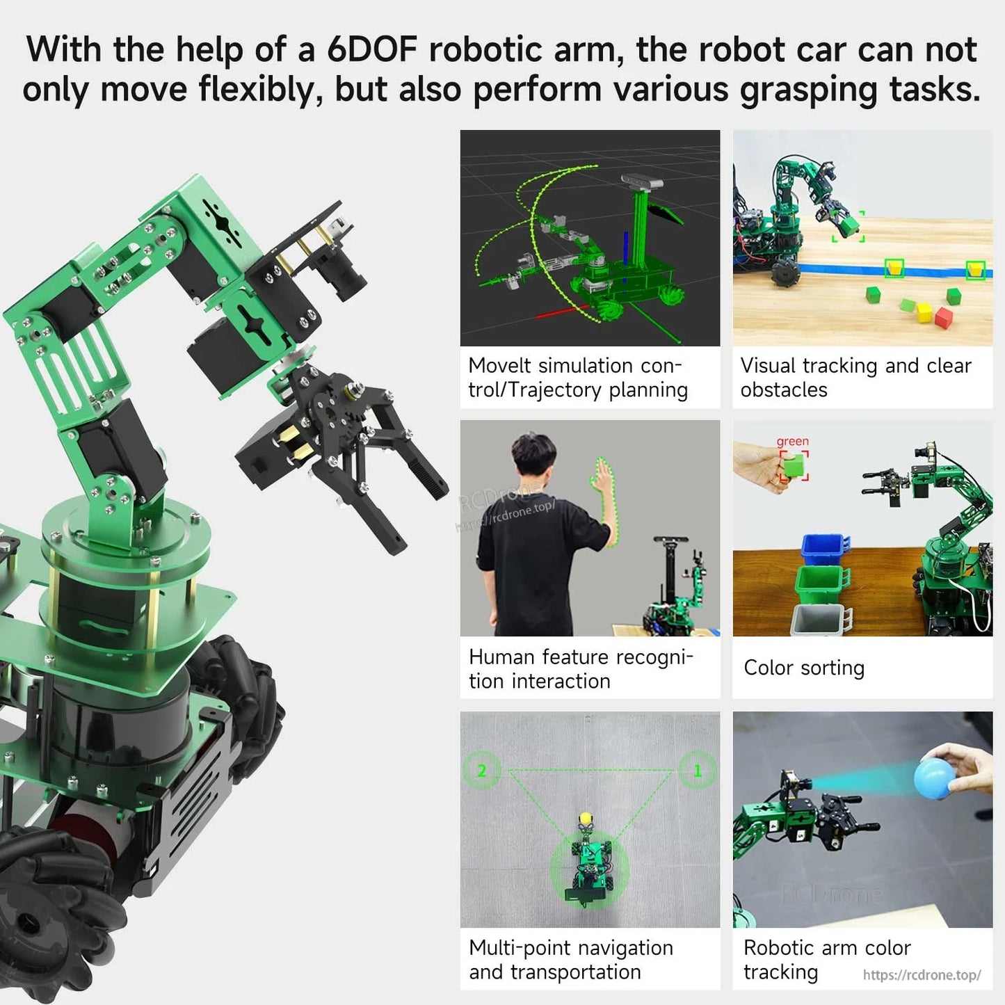 Robot car with 6DOF robotic arm graphic showing simulation, visual tracking, color sorting and grasping demos