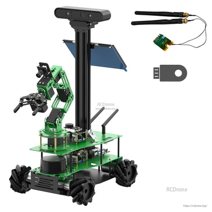 Robot kit shown with USB flash drive, Wi‑Fi antenna pair and small wireless module board