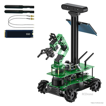 Robot kit shown with SSD module and antenna accessories arranged above the robot