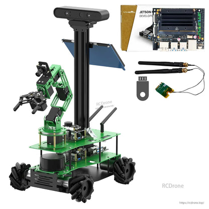 Robot kit shown with Jetson developer board, antennas, USB flash drive and small wireless module board