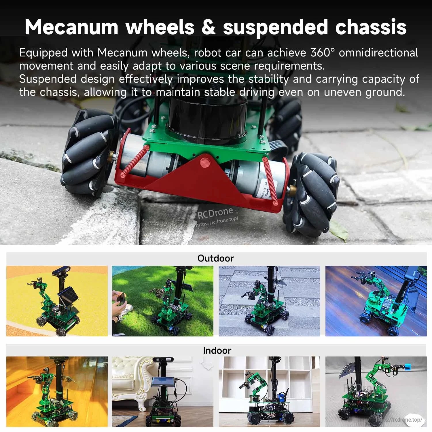 Mecanum wheels and suspended chassis close-up with outdoor and indoor driving scene thumbnails