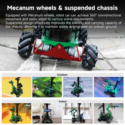 Mecanum wheels and suspended chassis close-up with outdoor and indoor driving scene thumbnails