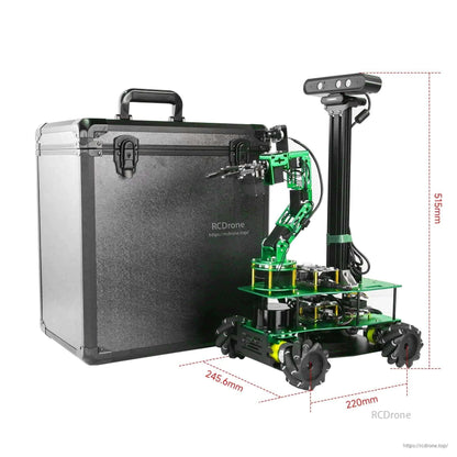 Robot with carrying case and size diagram showing 515 mm height and 245.6 mm by 220 mm footprint
