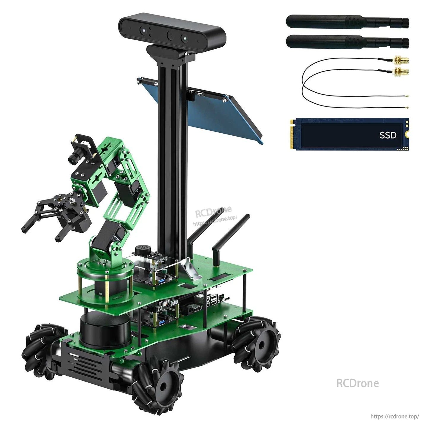 Robot kit shown with antennas and an SSD module pictured beside the robot platform