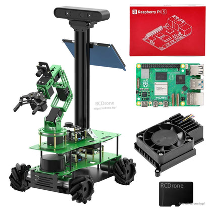 Robot kit shown with Raspberry Pi 5 board, cooling fan/heatsink and microSD card graphic