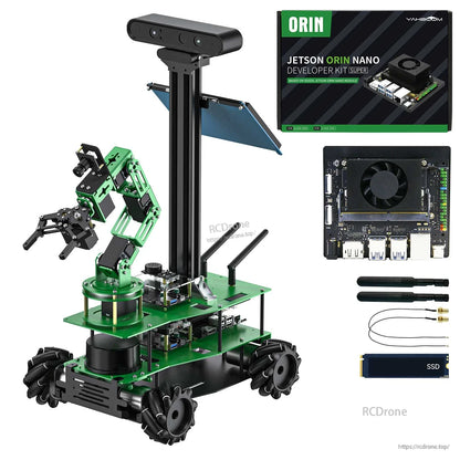 Robot kit with Jetson Orin Nano developer kit, board close-up, antennas and SSD module shown alongside