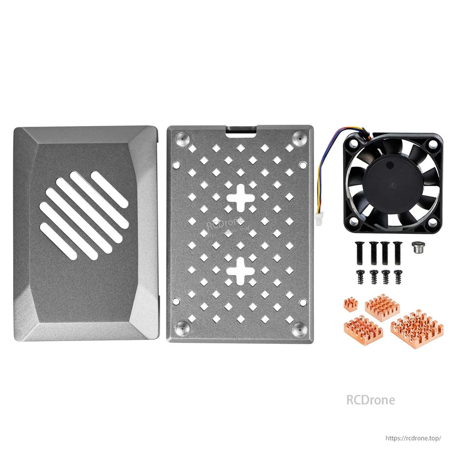 Case components laid out: top cover, perforated base plate, PWM fan, screws, and small copper heatsinks