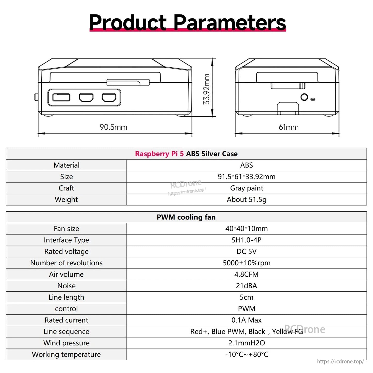 Product parameters chart with Raspberry Pi 5 ABS silver case dimensions and PWM fan specifications