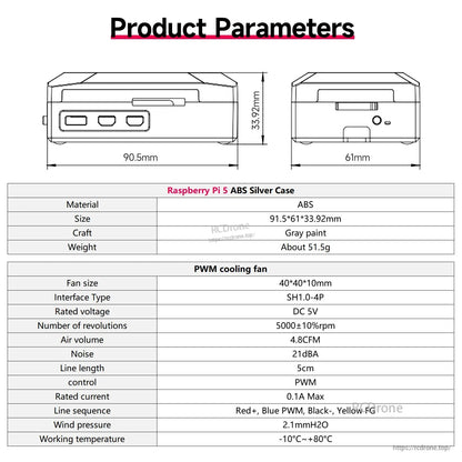 Product parameters chart with Raspberry Pi 5 ABS silver case dimensions and PWM fan specifications