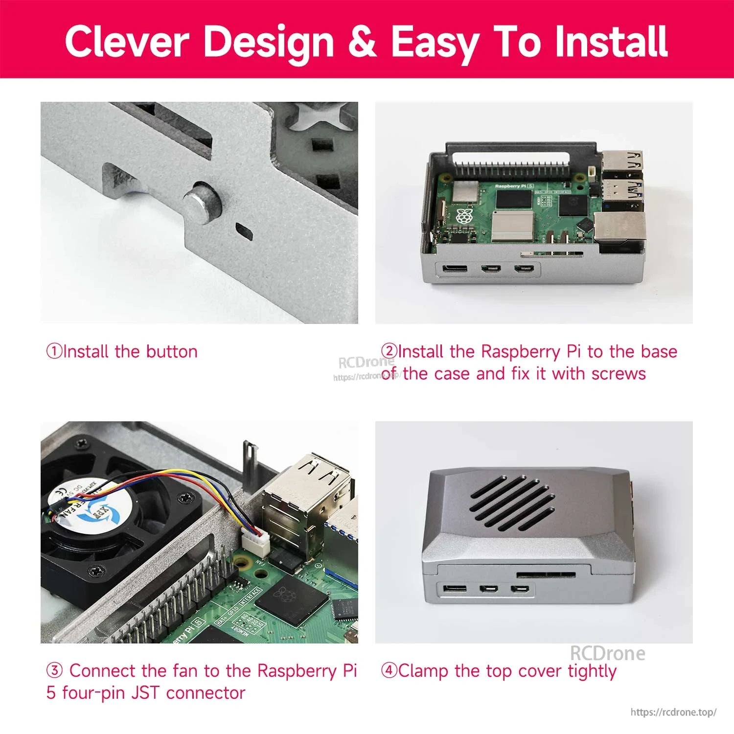 Installation steps graphic for assembling the case: mount button, screw Pi 5, connect fan, attach top cover