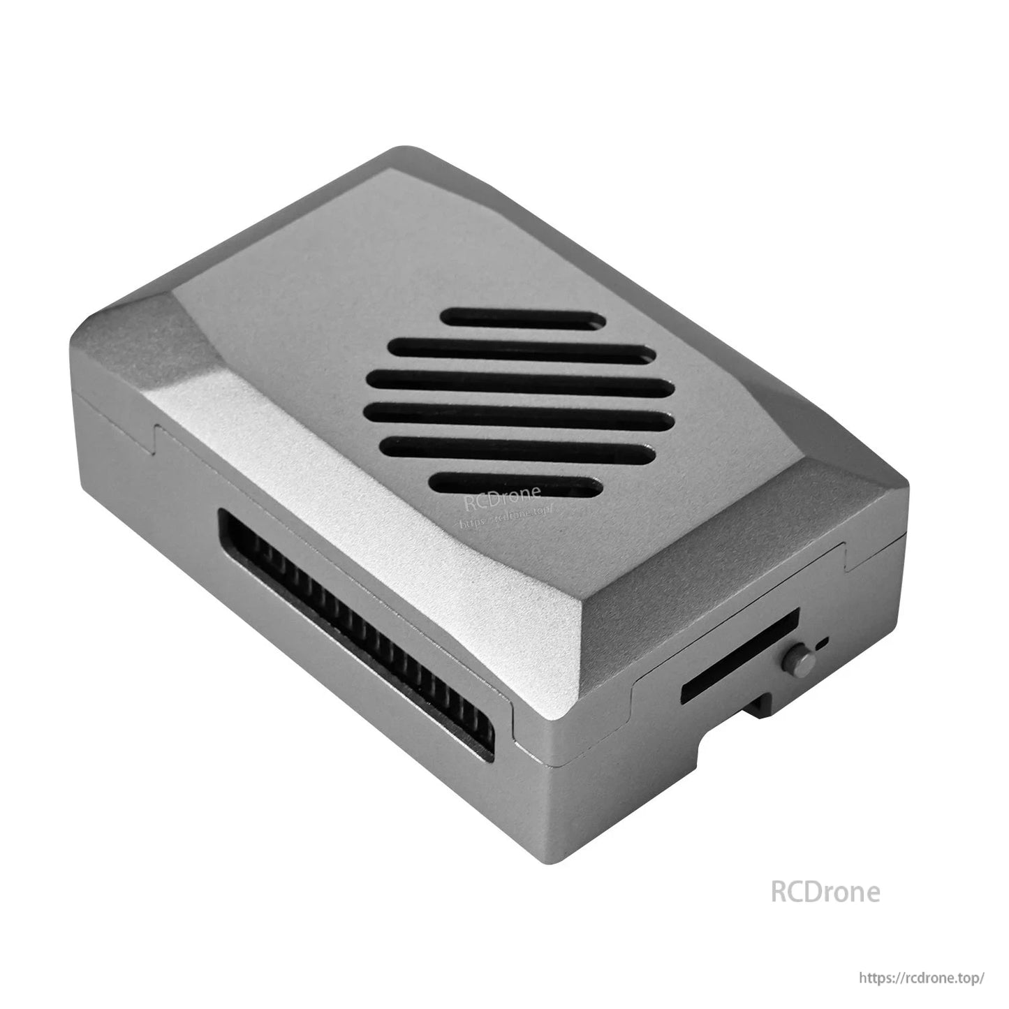 Angled view of the silver ABS Raspberry Pi 5 case with top ventilation slats and side port openings