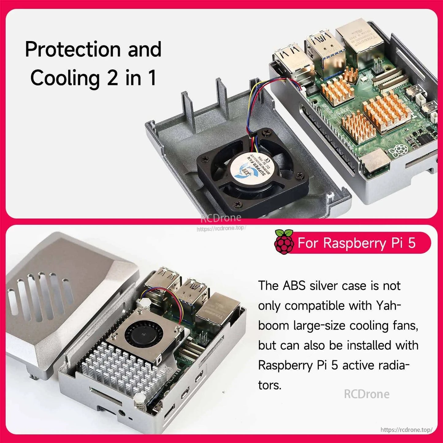Yahboom Raspberry Pi 5 ABS Silver Case installed with PWM cooling fan, shown on Raspberry Pi 5 board