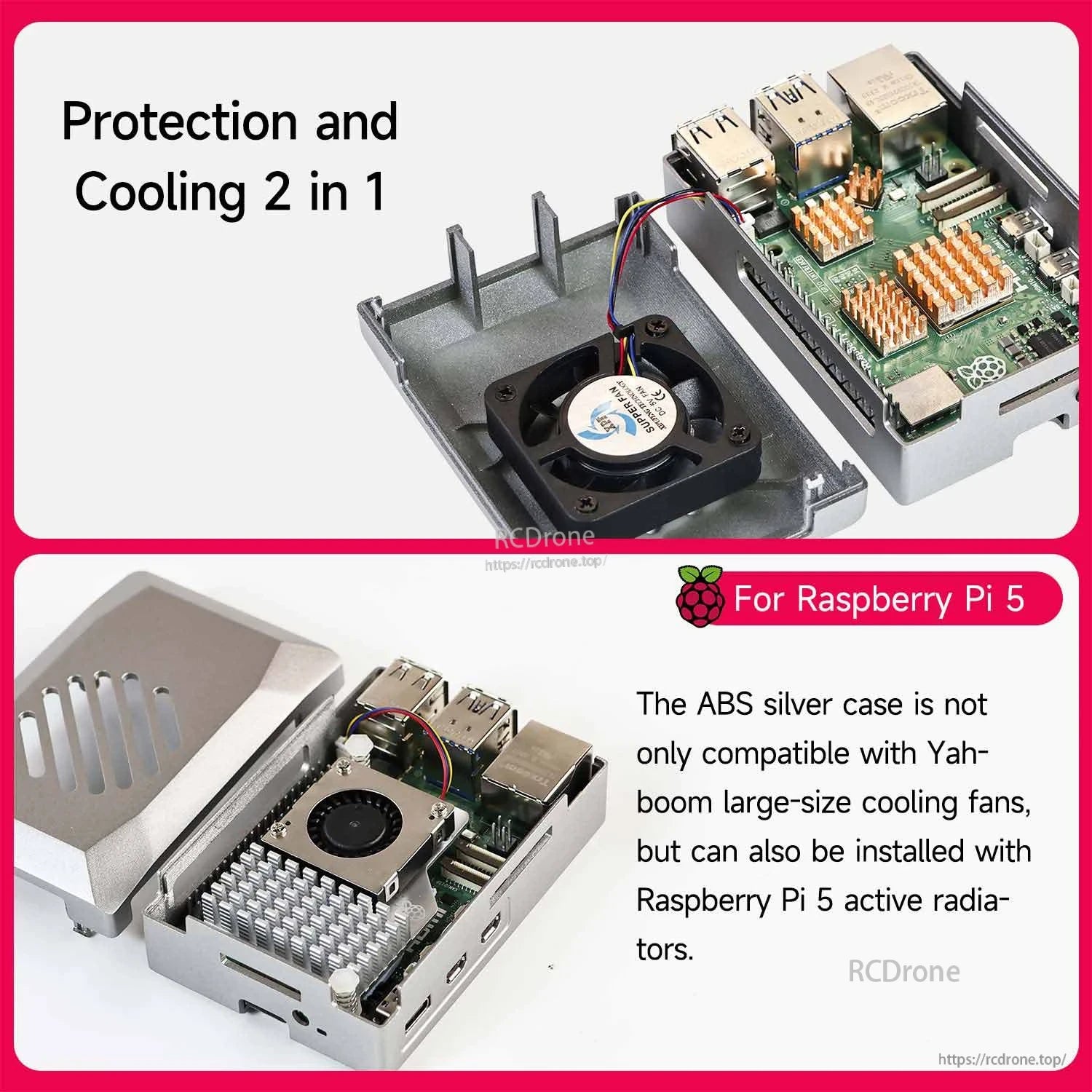 Yahboom Raspberry Pi 5 ABS Silver Case installed with PWM cooling fan, shown on Raspberry Pi 5 board