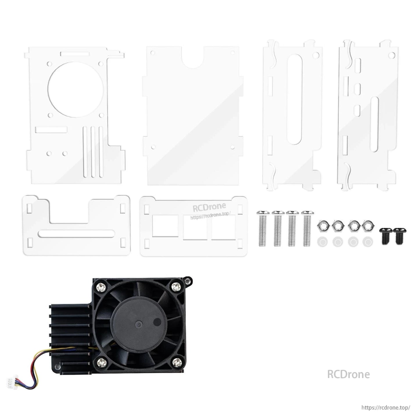 Kit contents with acrylic panels, screws, and active cooler module with fan and heatsink