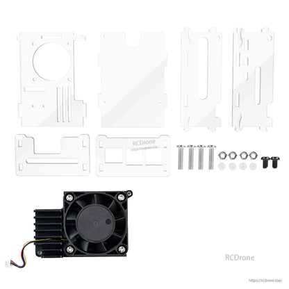 Kit contents with acrylic panels, screws, and active cooler module with fan and heatsink