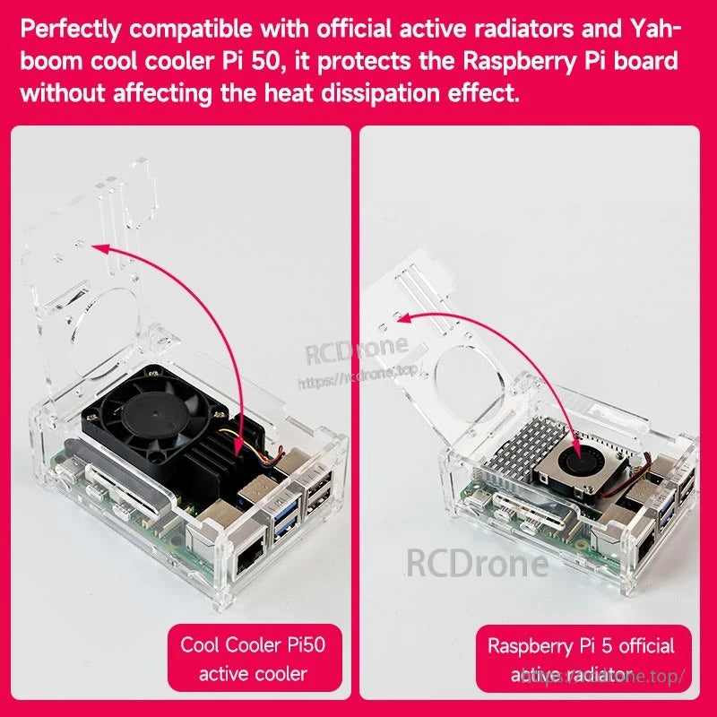 Acrylic case shown with lid open, illustrating compatibility with active cooler options