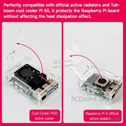 Acrylic case shown with lid open, illustrating compatibility with active cooler options