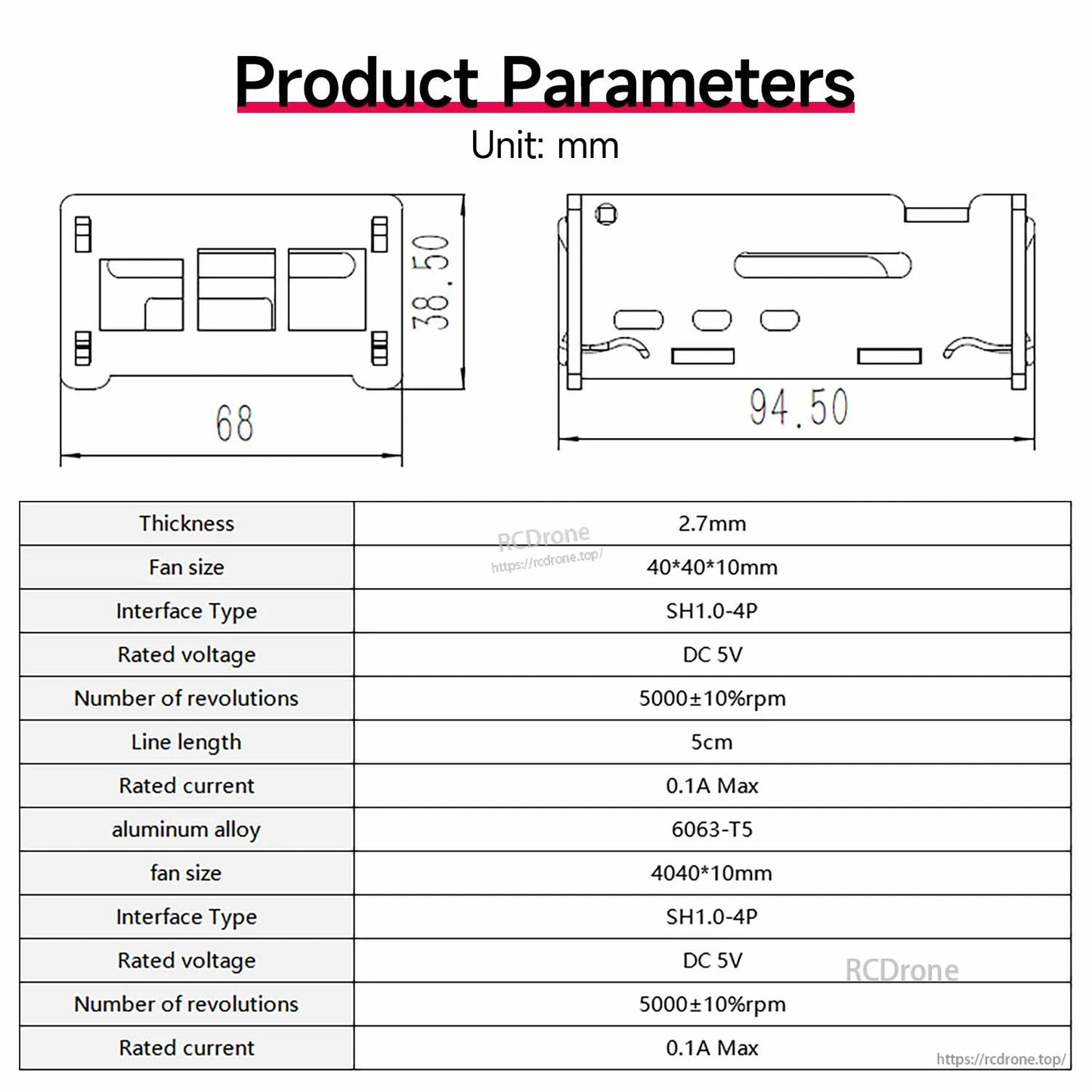 Product parameters and dimensions drawing (mm) for acrylic case and 40×40×10 mm fan