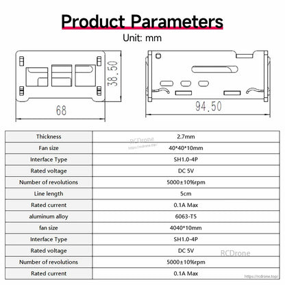 Product parameters and dimensions drawing (mm) for acrylic case and 40×40×10 mm fan