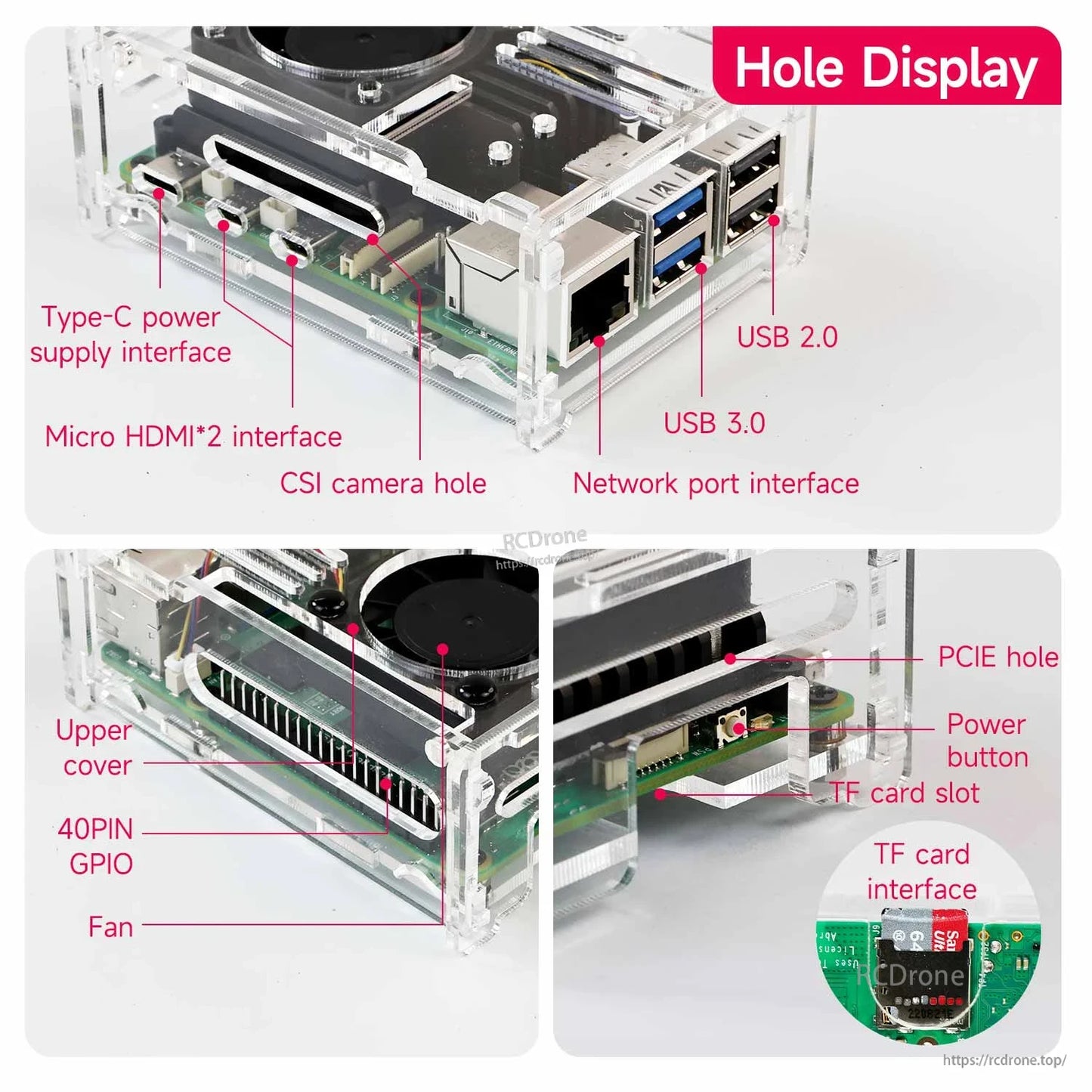 Yahboom Raspberry Pi 5 Acrylic Case port and cutout diagram: USB, HDMI, GPIO, CSI, PCIe, TF slot