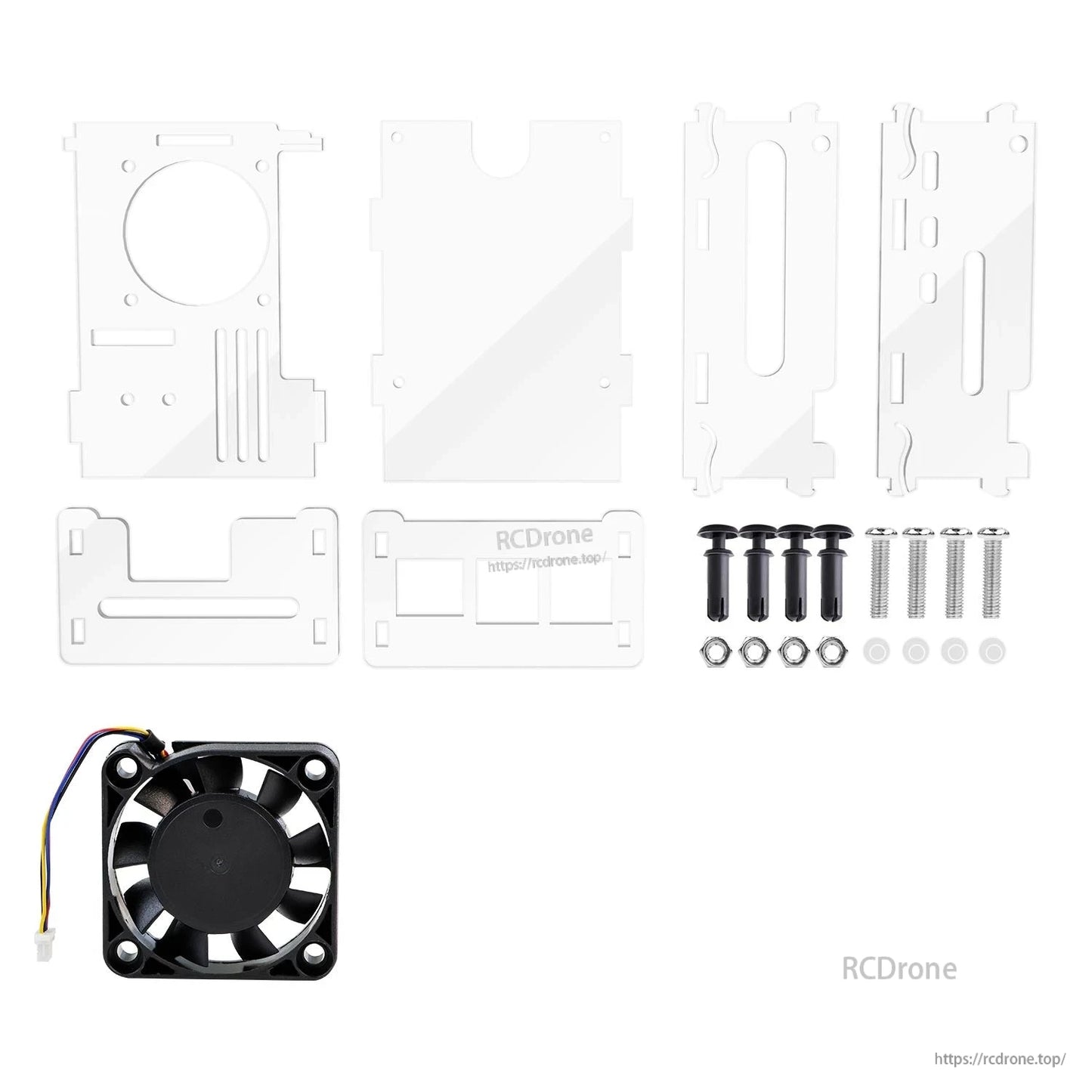 Kit contents with acrylic panels, mounting hardware, and separate 40 mm cooling fan