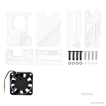 Kit contents with acrylic panels, mounting hardware, and separate 40 mm cooling fan