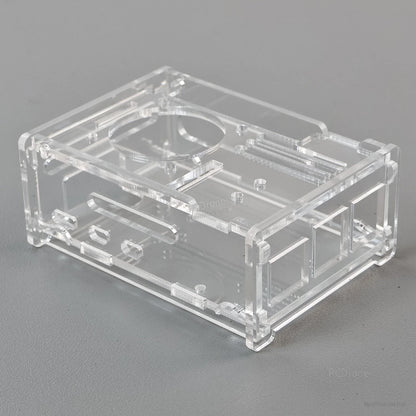 Clear acrylic enclosure only, angled view showing fan opening and side cutouts